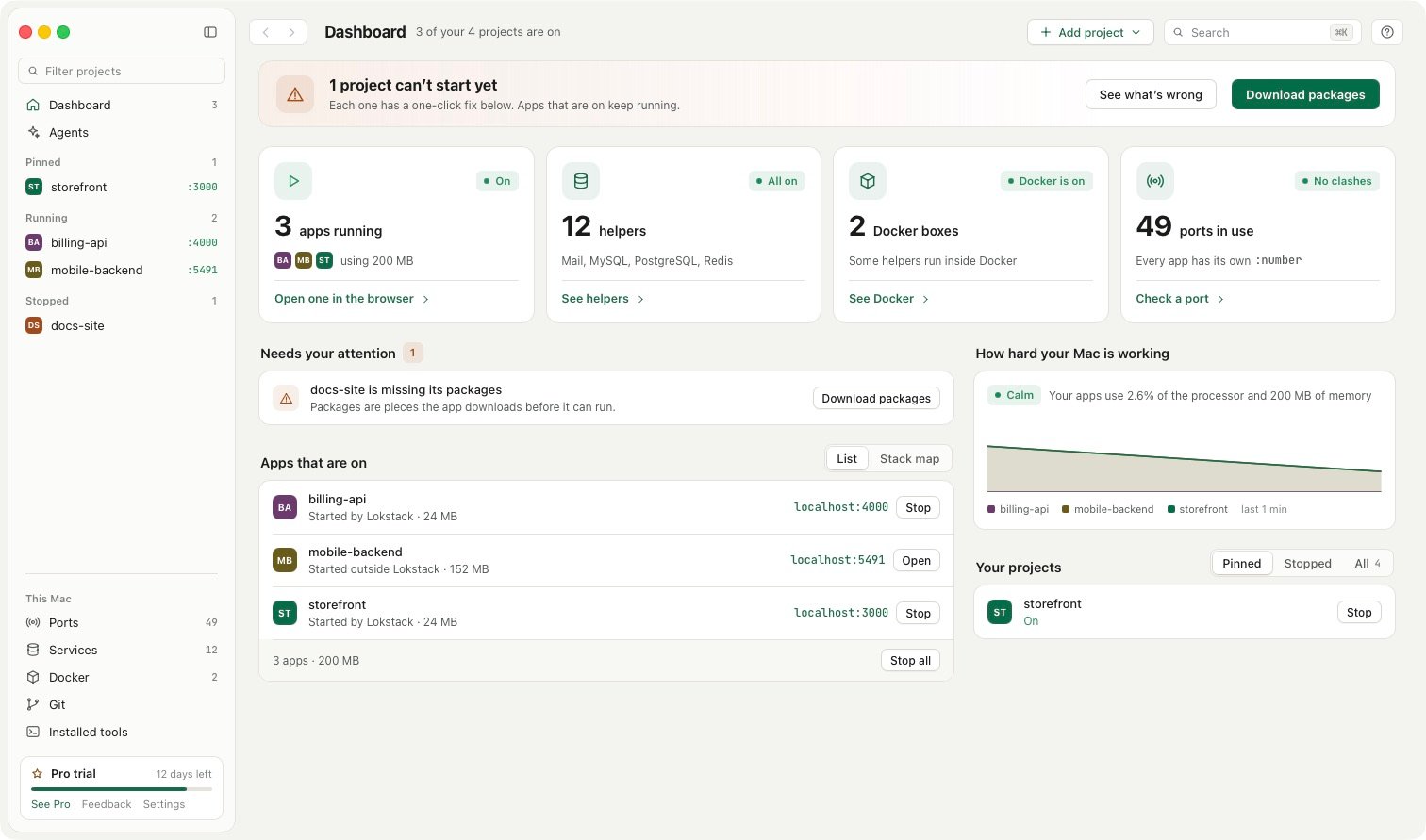 The Lokstack Dashboard with the apps that are on, what needs attention and every project