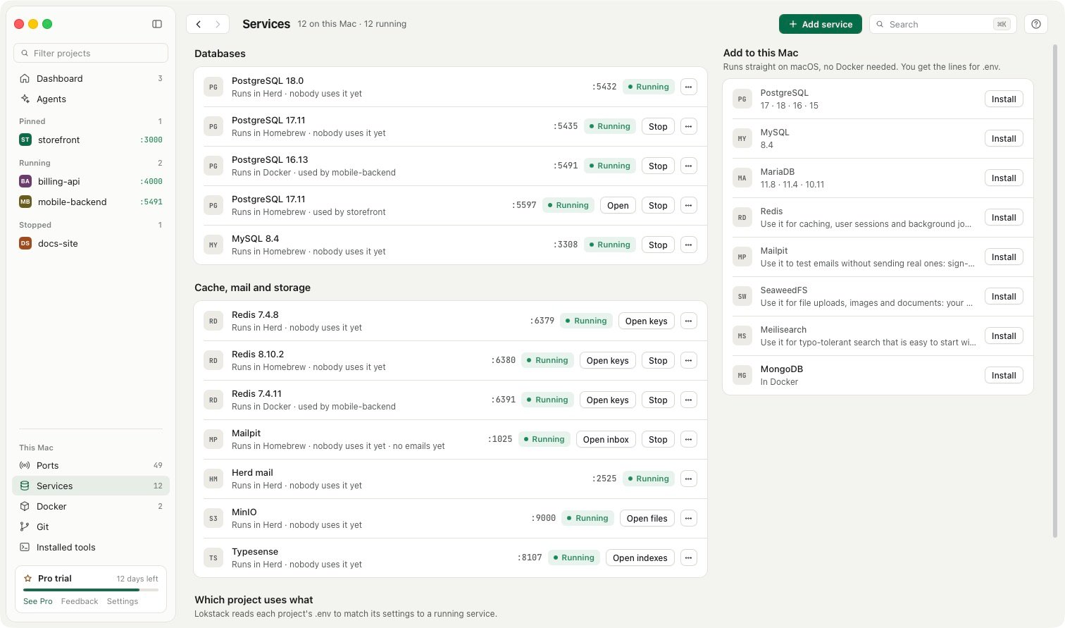 The Databases page listing every database and the project using it