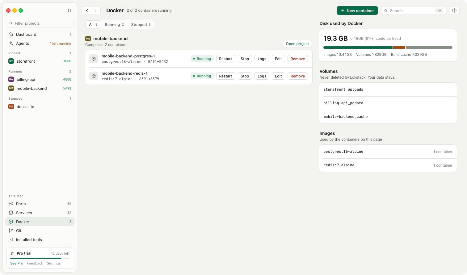 The Lokstack Docker page with a Compose project, its containers, volumes and images