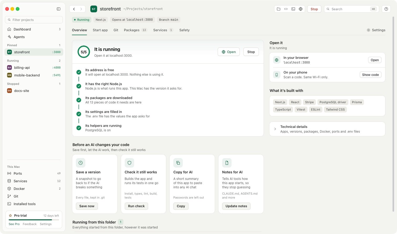 A project overview with a fix button beside the reason it will not start