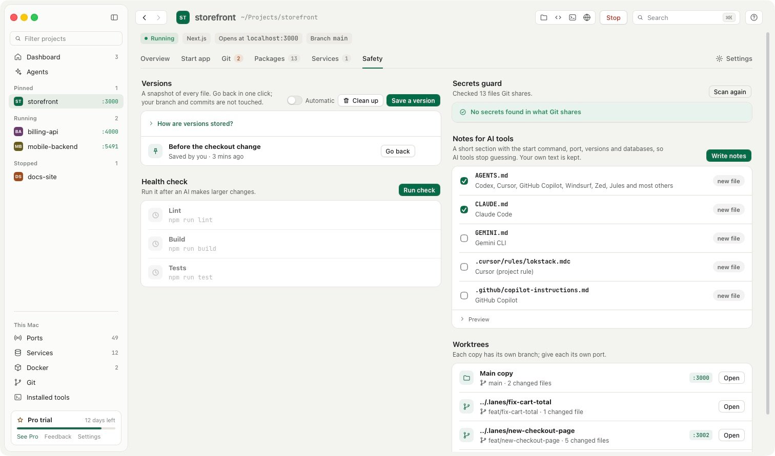 Versions, the secrets guard and notes for AI tools