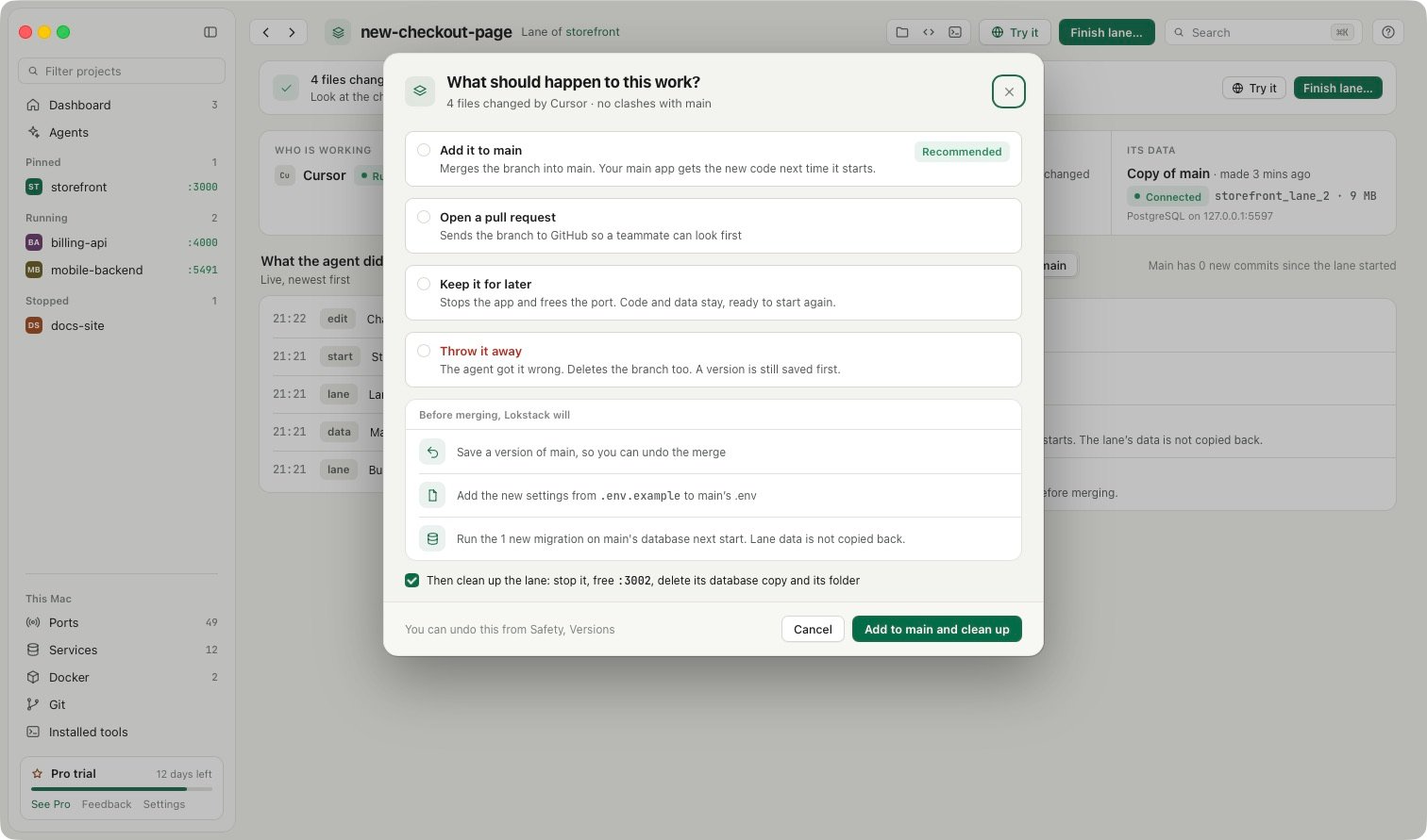 The Finish lane sheet with four choices: Add it to main, Open a pull request, Keep it for later and Throw it away