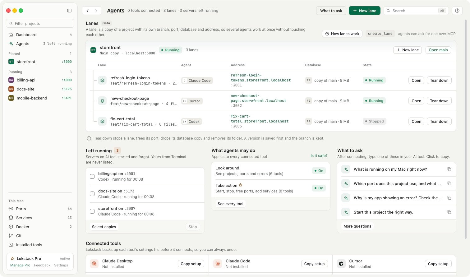 The Agents page with a Left running list of three servers that AI tools started and forgot