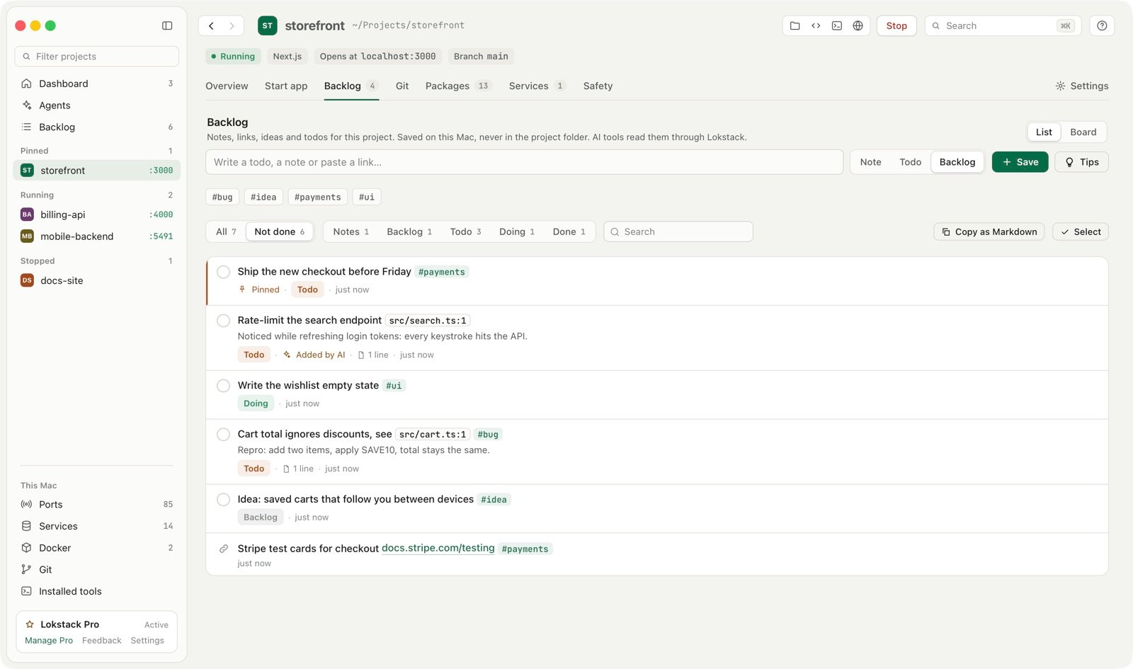 A project's Backlog in Lokstack: a list of notes, links and todos with tags, filters and a pinned item