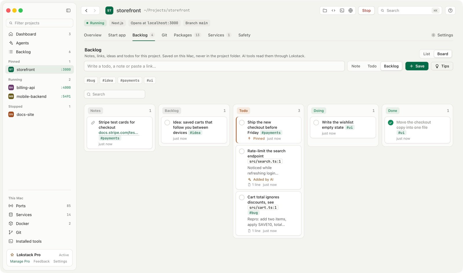 The Backlog as a board with Notes, Backlog, Todo, Doing and Done columns
