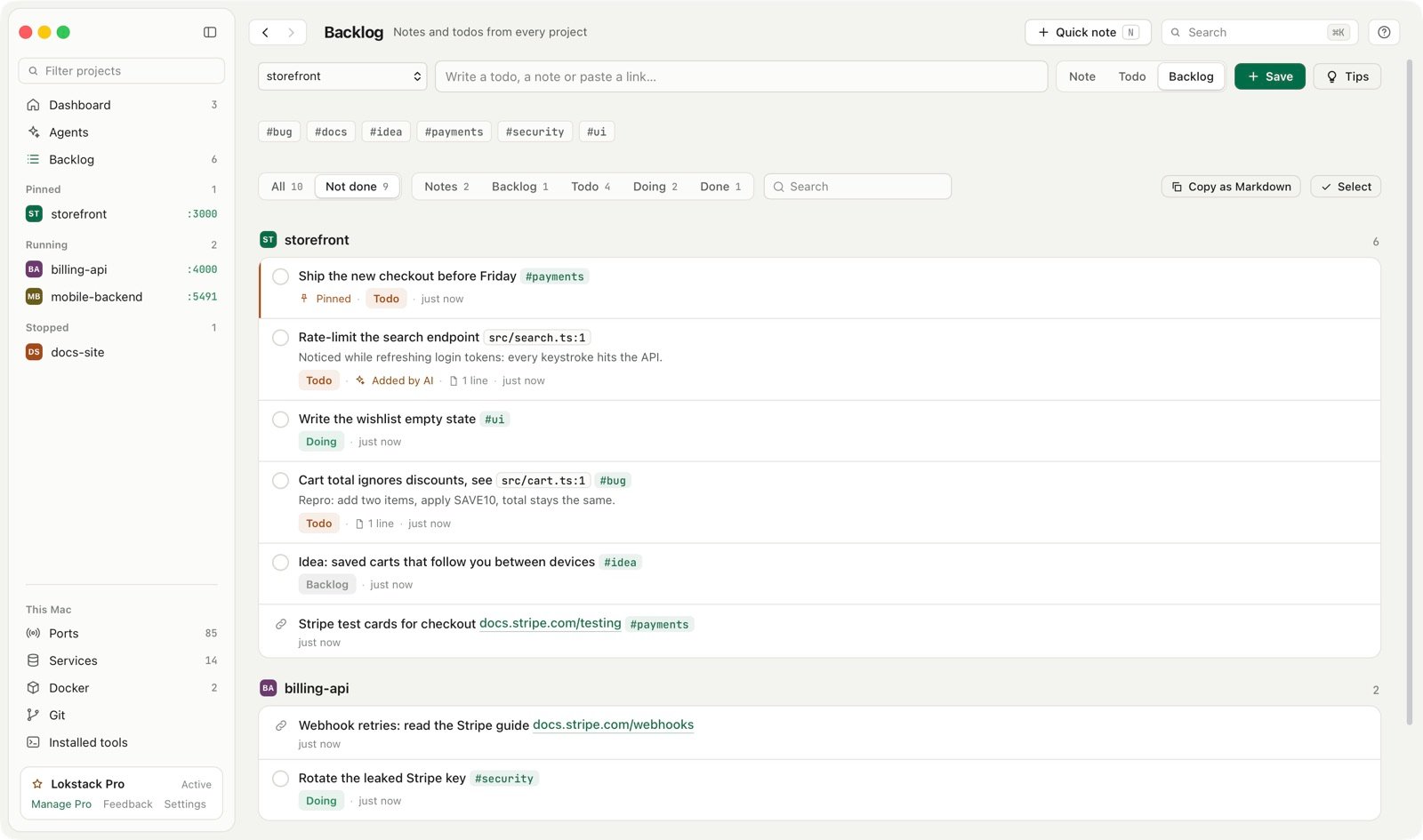 The Backlog page with every project's notes and todos, one marked Added by AI
