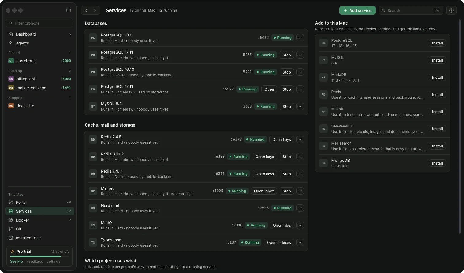 The Databases page listing every database and the project using it