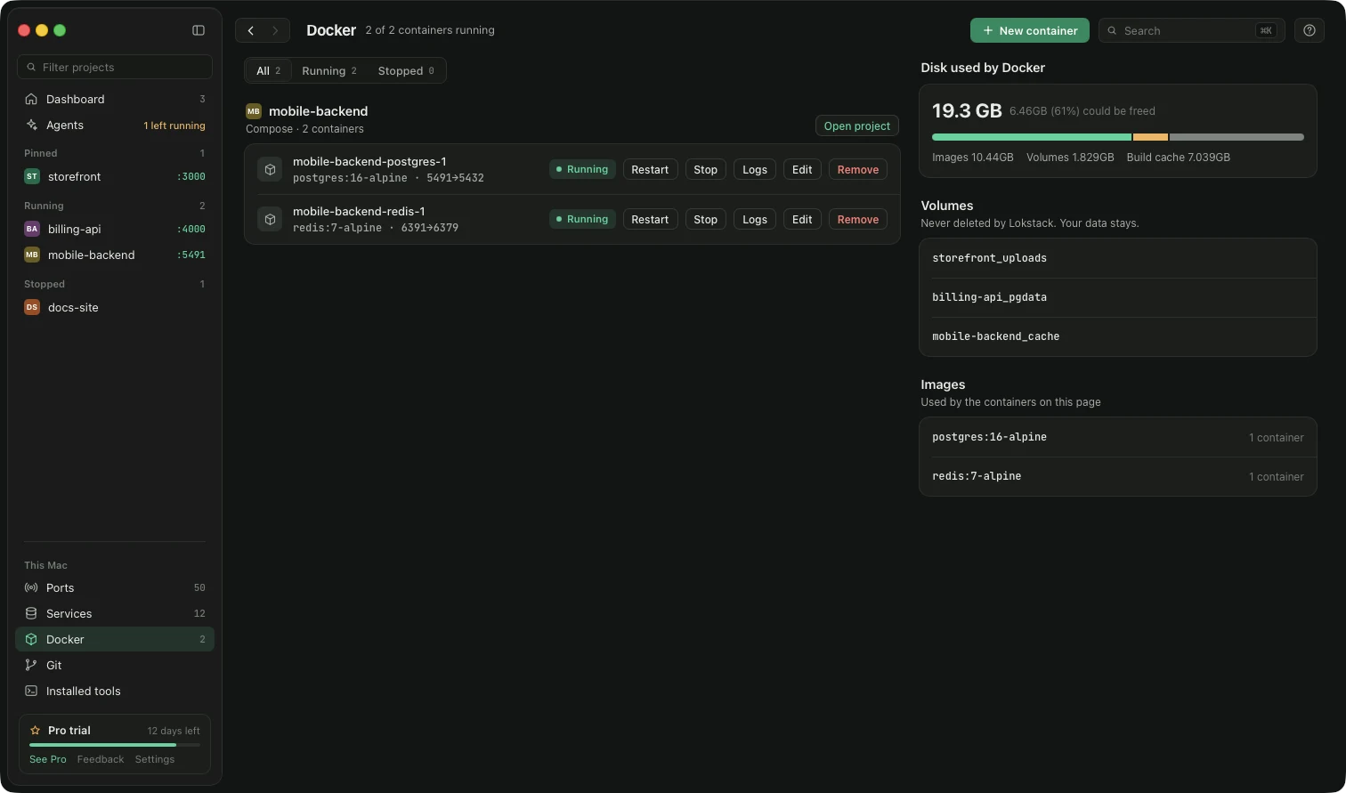 The Lokstack Docker page with a Compose project, its containers, volumes and images