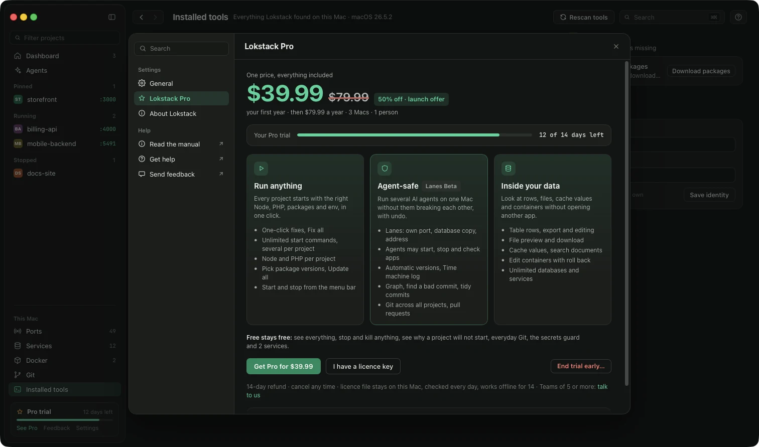 The Lokstack Pro window