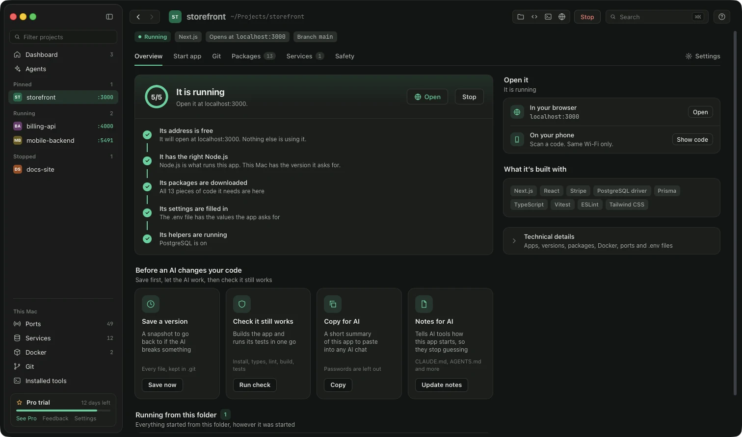 A project overview with a fix button beside the reason it will not start