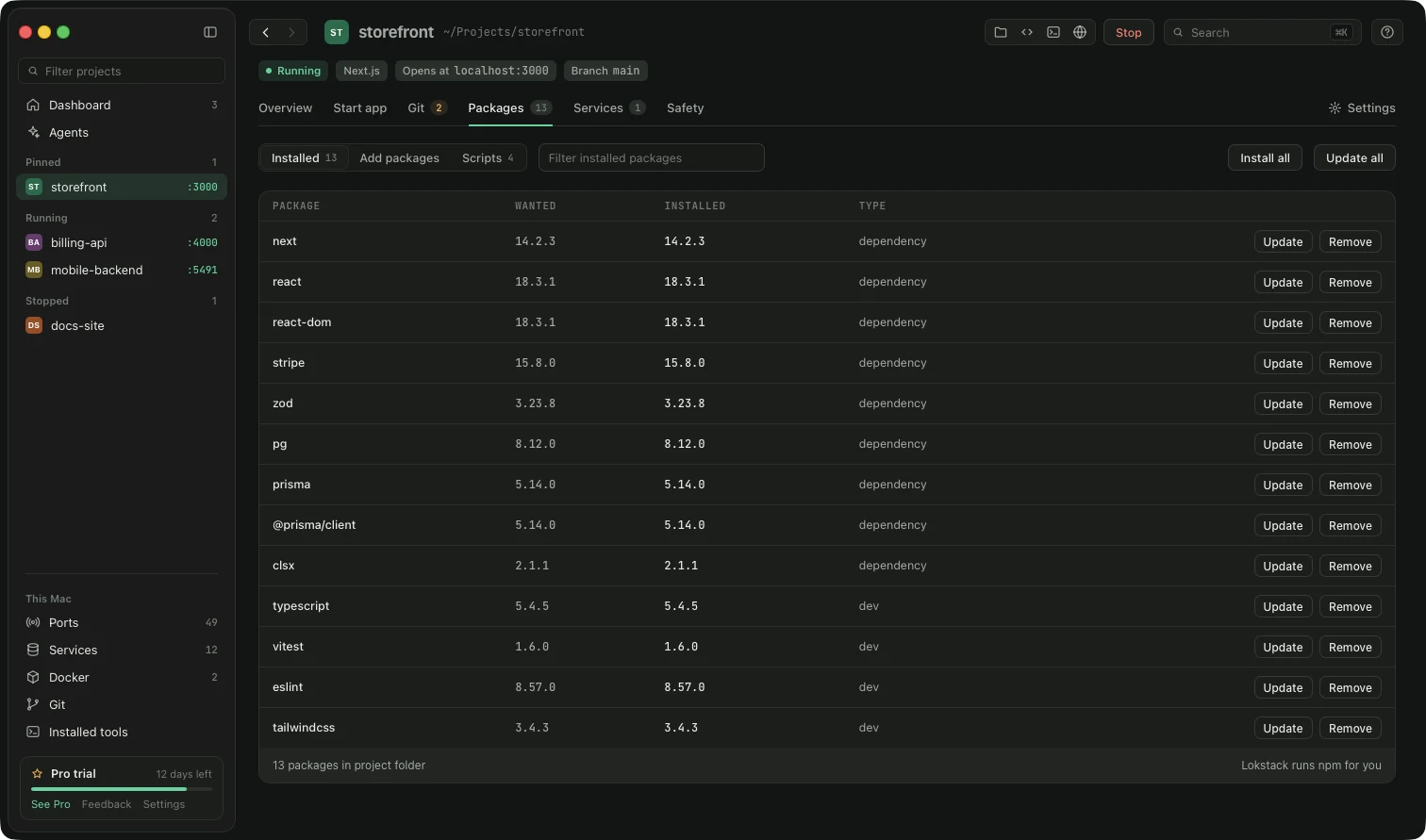 The Packages tab
