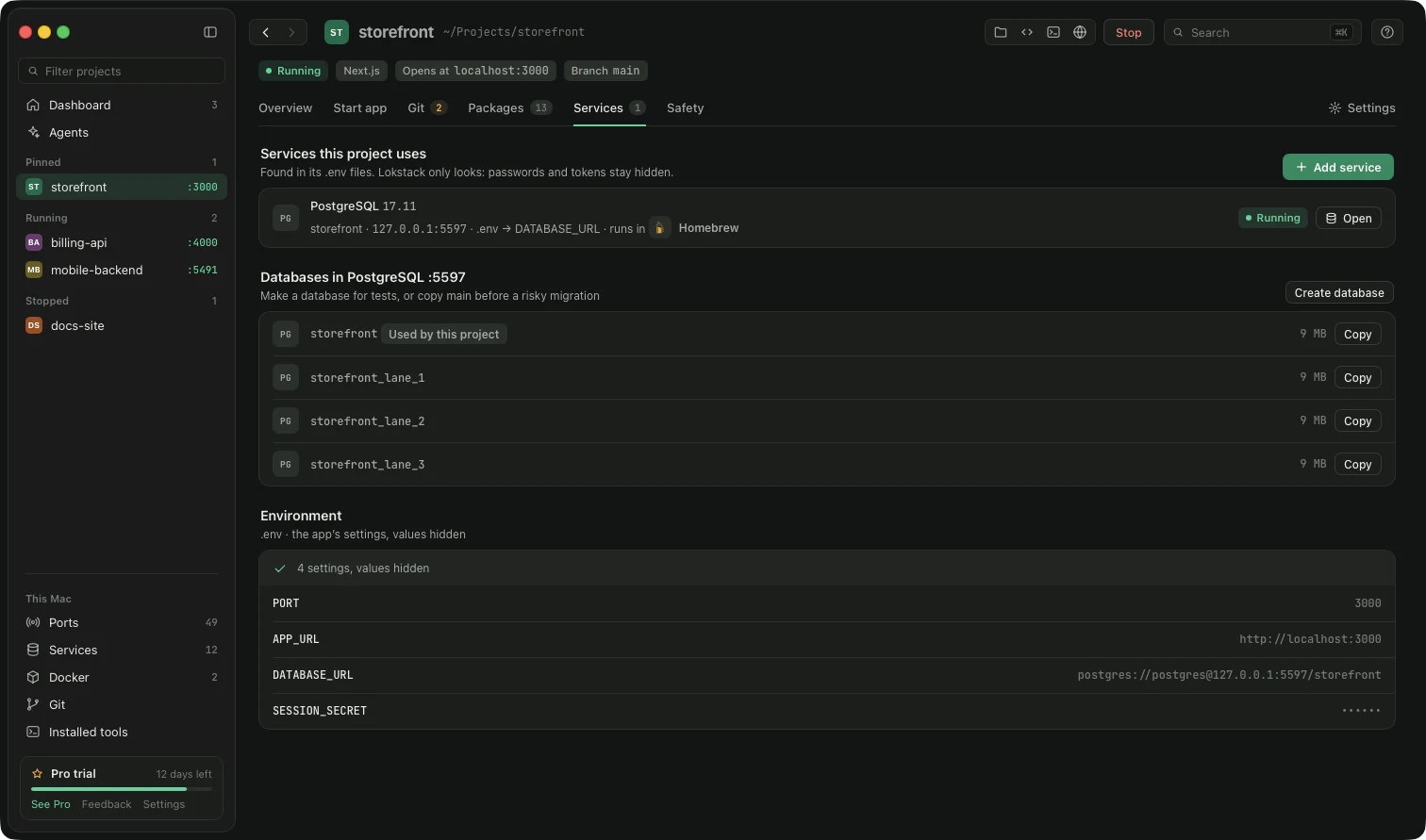 A project's Services tab