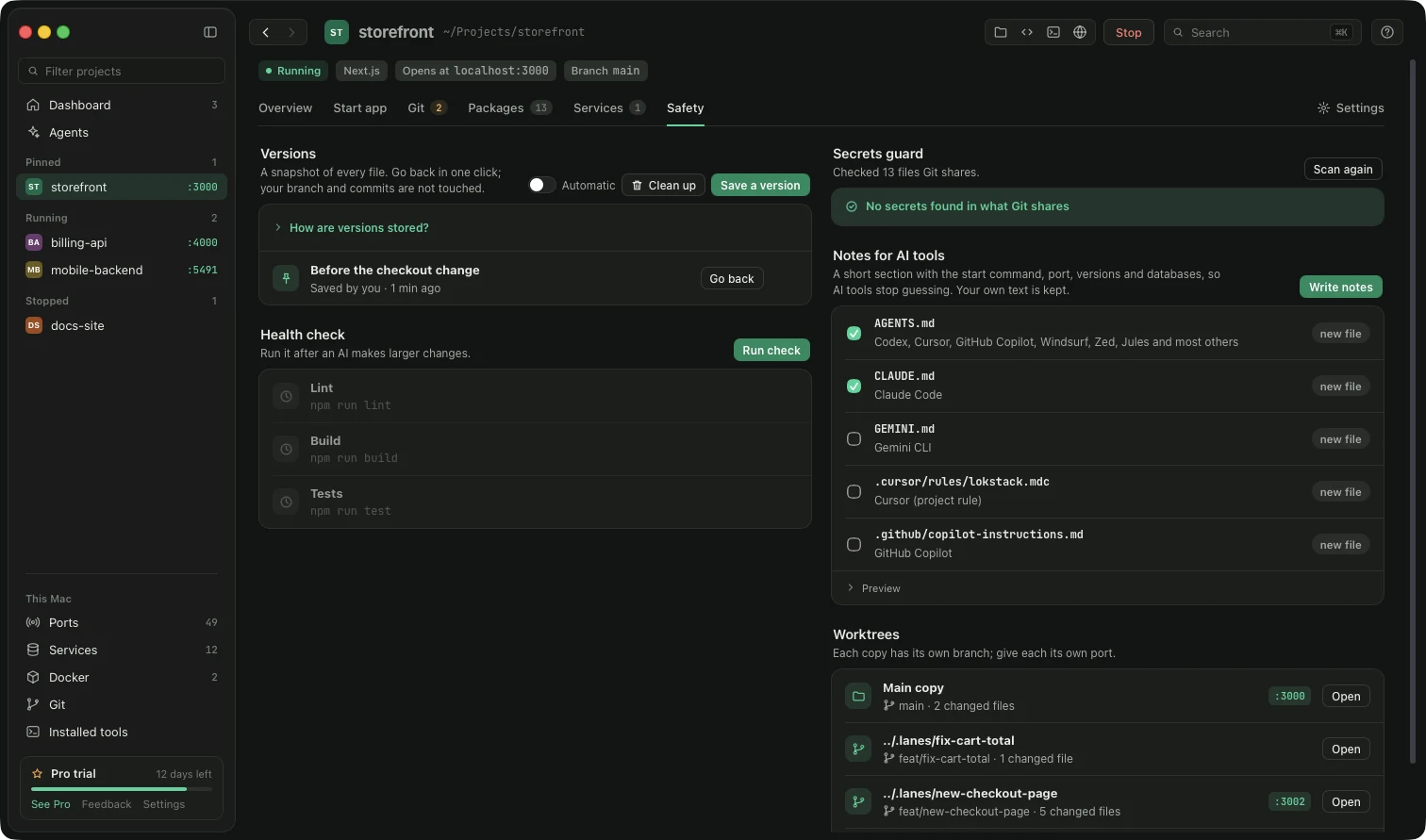 Versions, the secrets guard and notes for AI tools