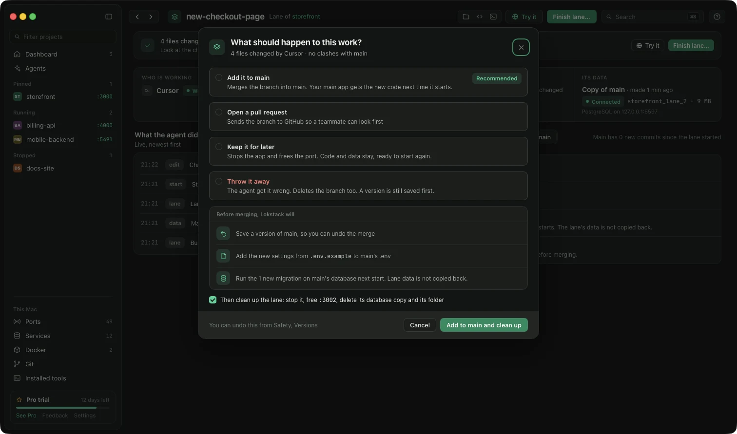 The Finish lane sheet with four choices: Add it to main, Open a pull request, Keep it for later and Throw it away
