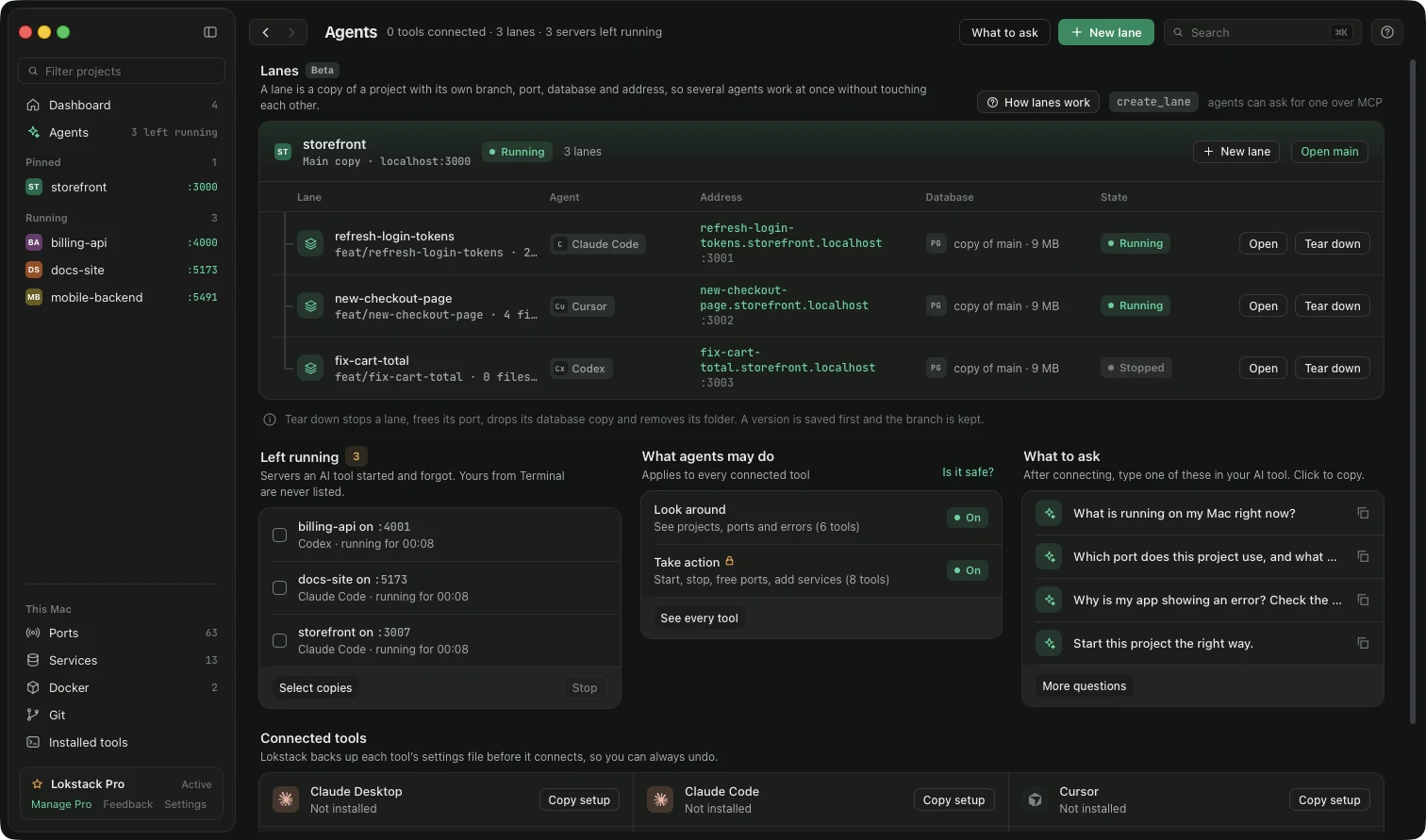 The Agents page with a Left running list of three servers that AI tools started and forgot