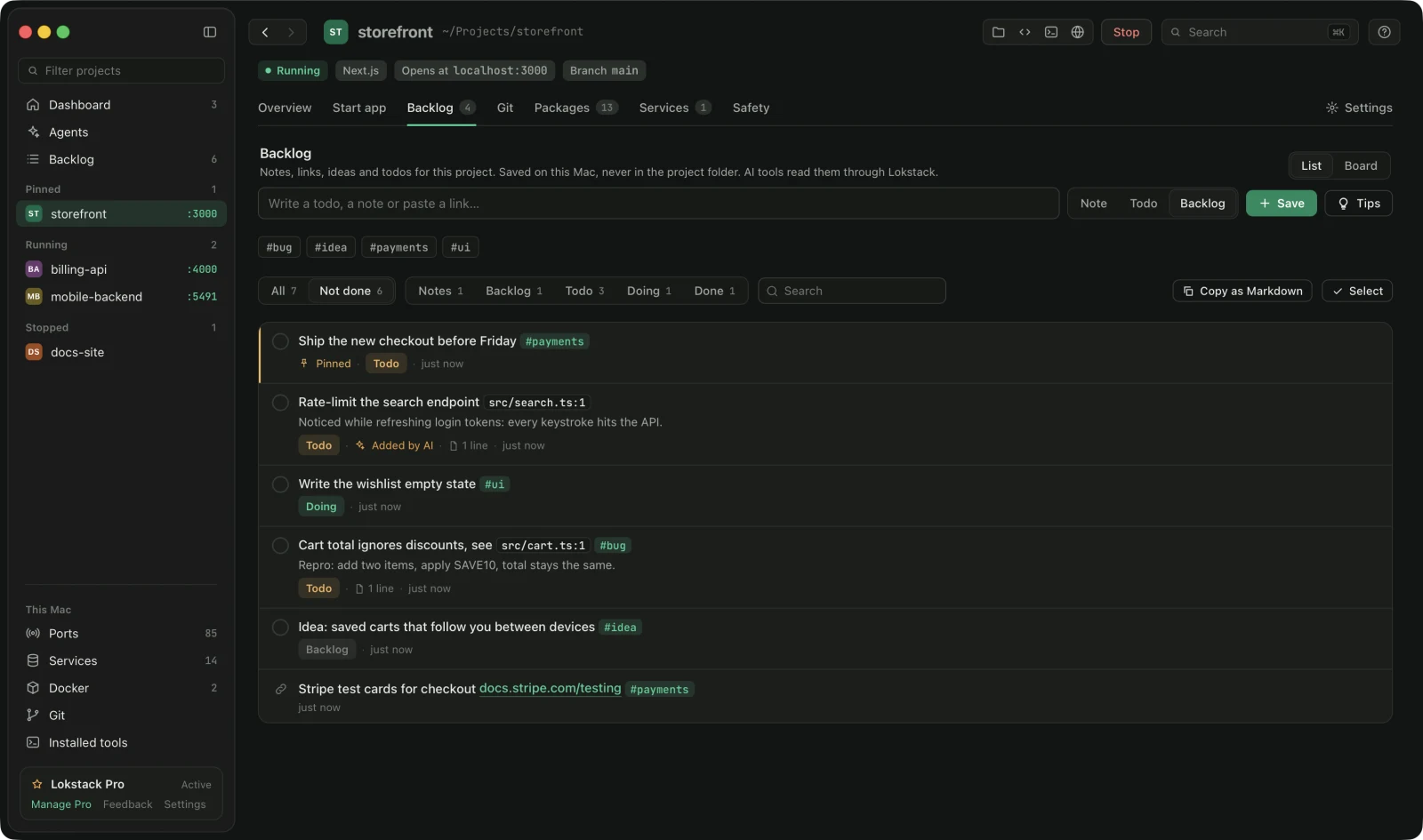 A project's Backlog in Lokstack: a list of notes, links and todos with tags, filters and a pinned item