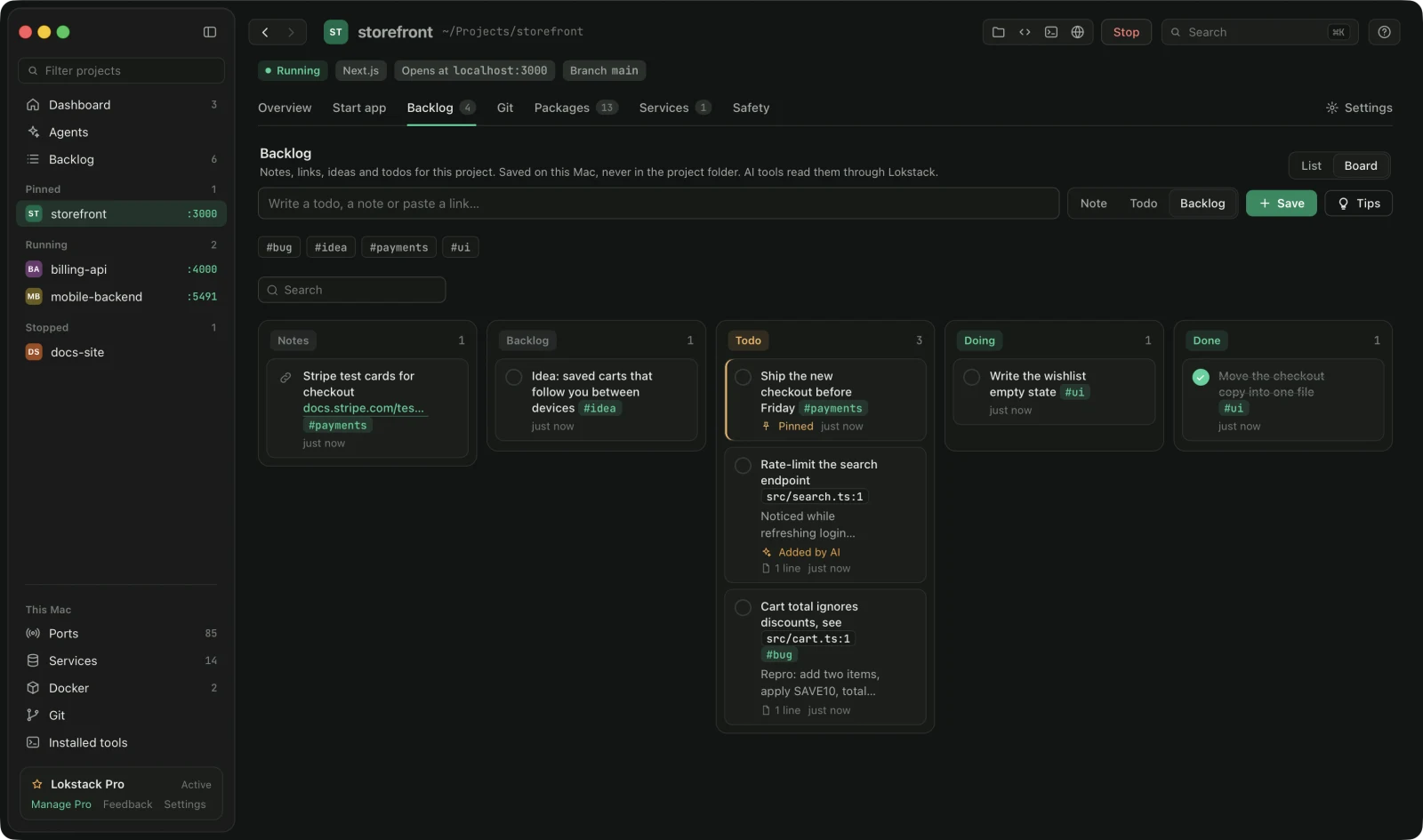 The Backlog as a board with Notes, Backlog, Todo, Doing and Done columns