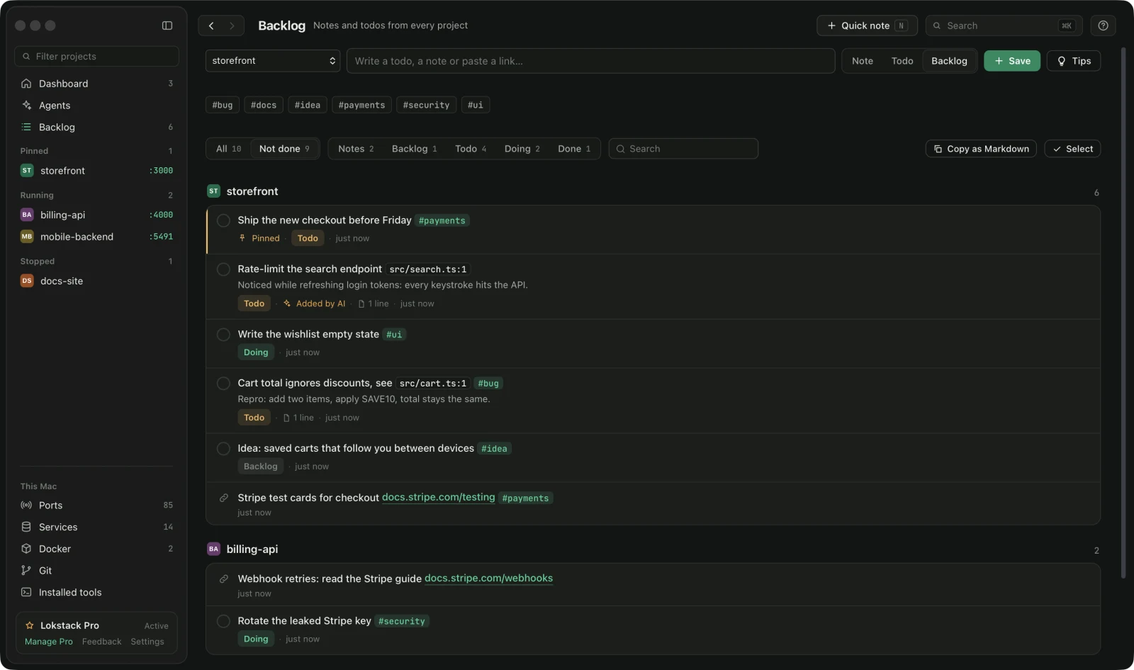 The Backlog page with every project's notes and todos, one marked Added by AI